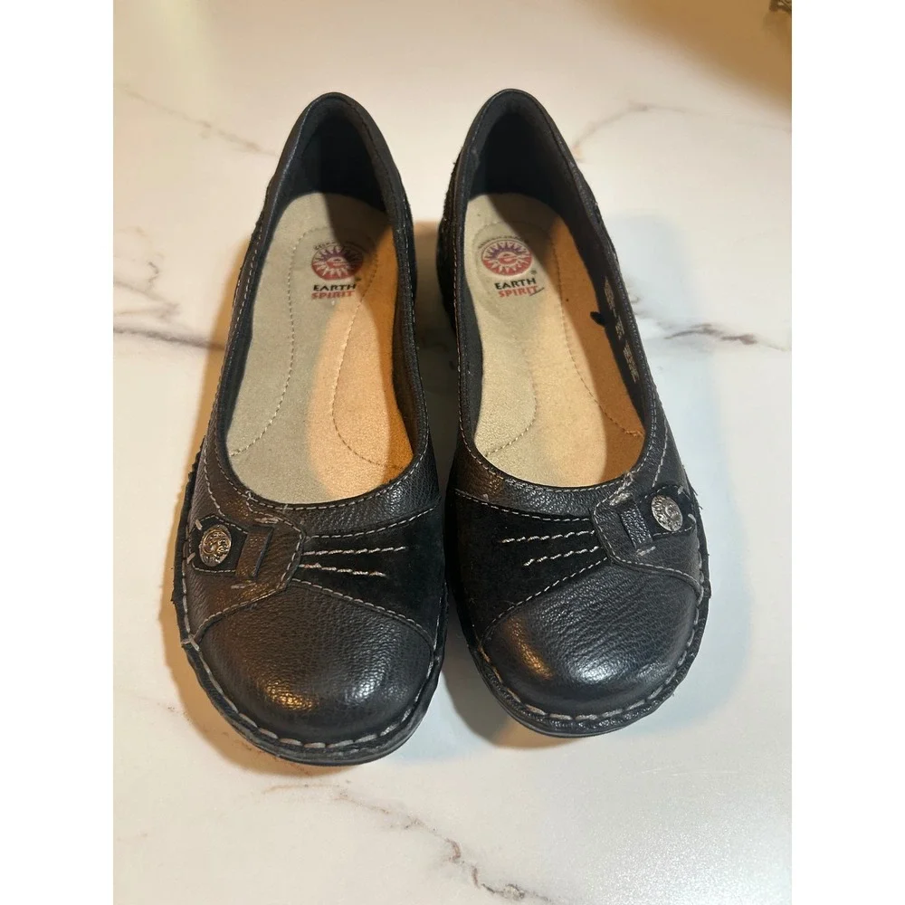 Earth Spirit Black Leather Suede Ballet Flats Gelron 2000 Comfort Shoes Size 9